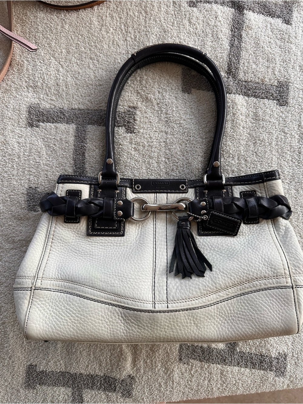 Coach White Leather Tote with Black Trim and Braided Accent - Picture 11 of 11